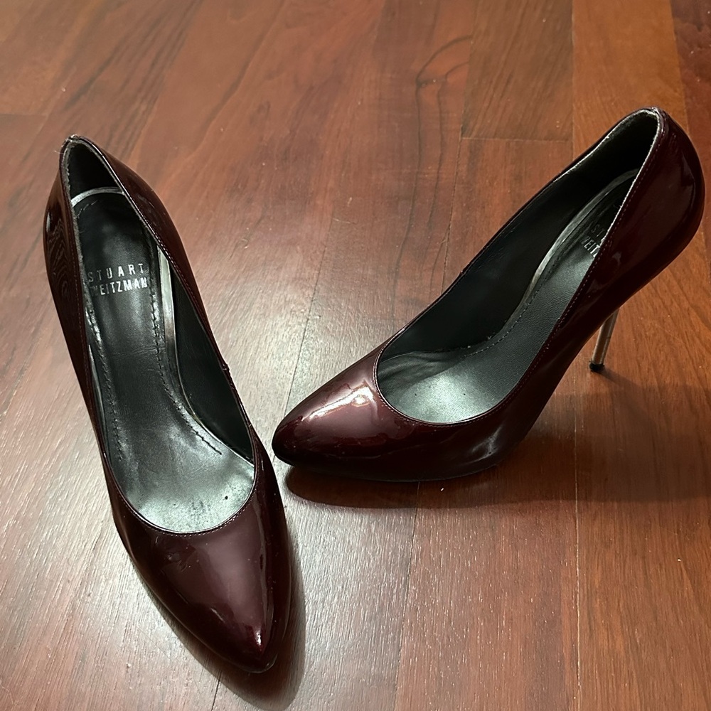 Stuart Weitzman Maroon Patent Leather Silver Heel